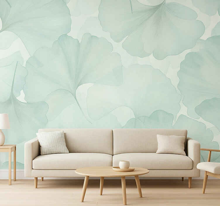Green Ginko leaves living room wall mural - TenStickers