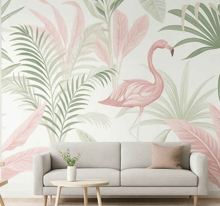 Trooppinen flamingo-keidas olohuoneen valokuvatapetti - Tenstickers