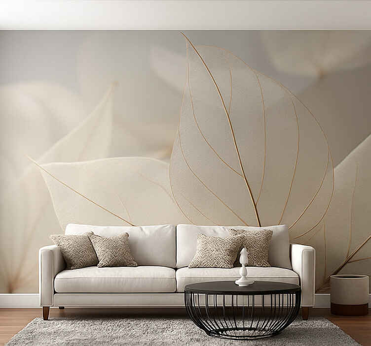 Tapisserie salon feuilles squelettiques blanches - TenStickers