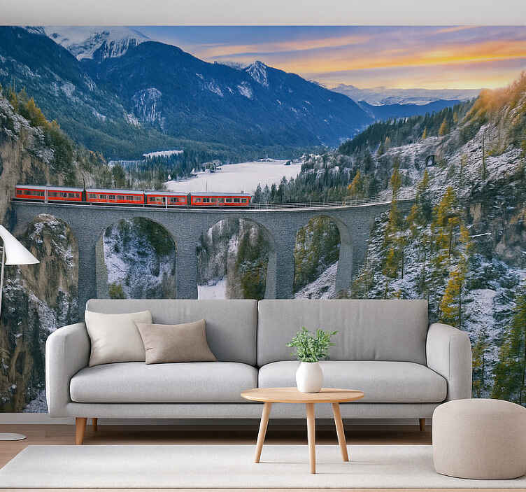 Muntele Fototapet tren elvețian pe viaductul landwasser - TenStickers