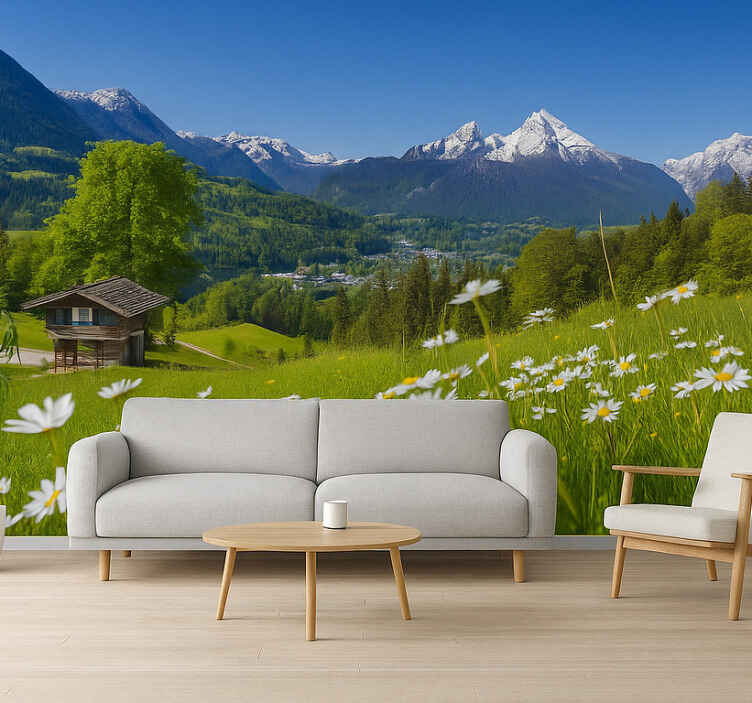 Mural de montañas chalet alpino en verano - TenVinilo