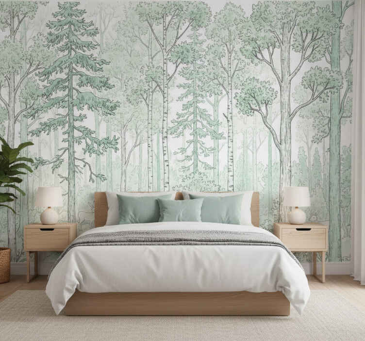 Mural de bosque dibujo de bosque en menta - TenVinilo