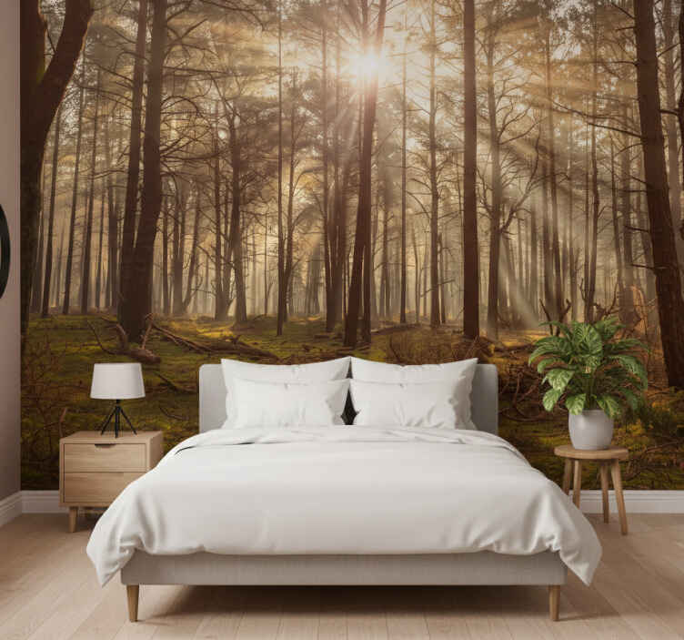 Forest wall mural golden wildlife retreat - TenStickers