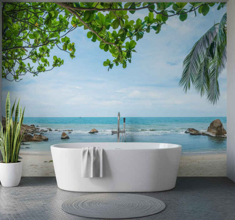 Wall mural bathroom tropical beach scene - TenStickers