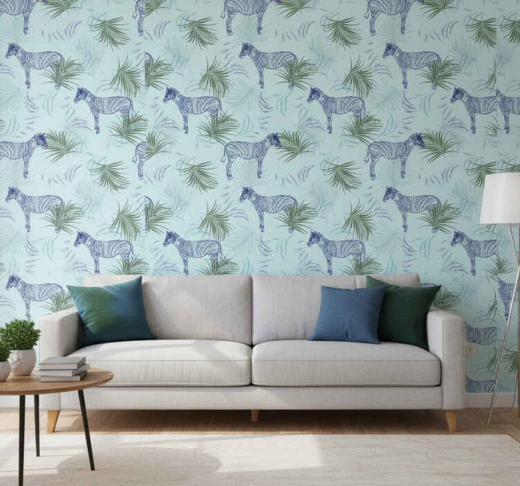 African wall mural zebra blue palm design - TenStickers