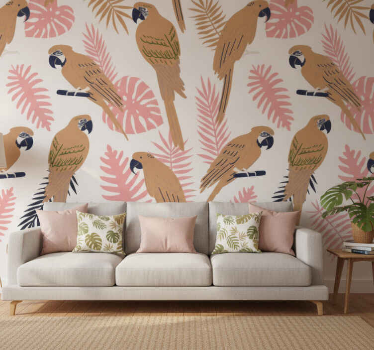 Foto behang jungle oranje papegaaien met roze bloemen - TenStickers