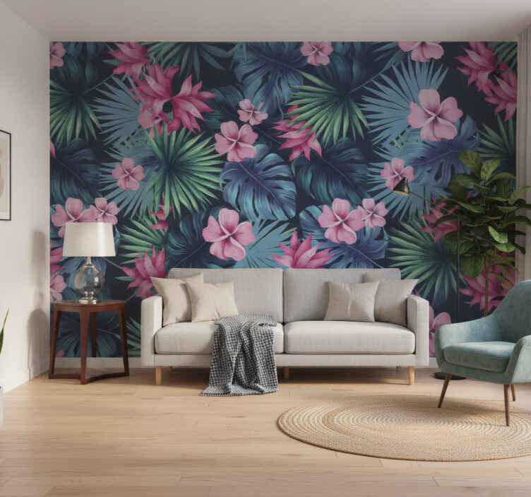 Foto behang jungle tropische bladeren en bloemen - TenStickers