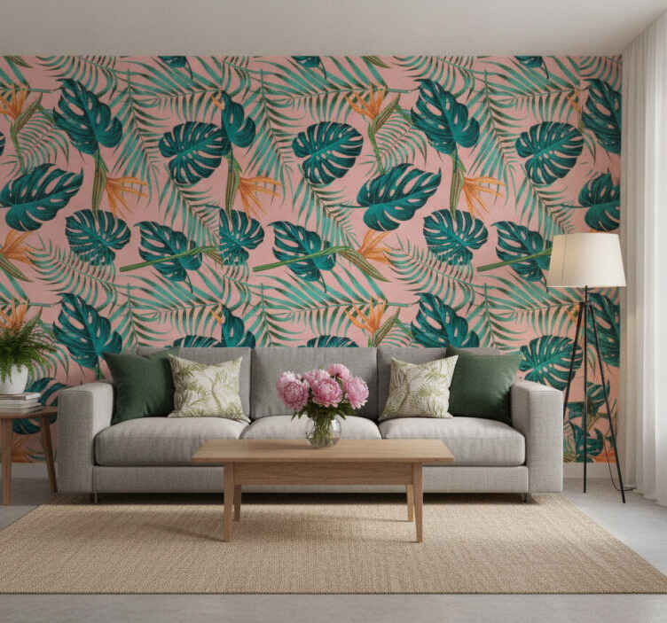 Foto behang jungle aquarel groen en roze tropisch - TenStickers