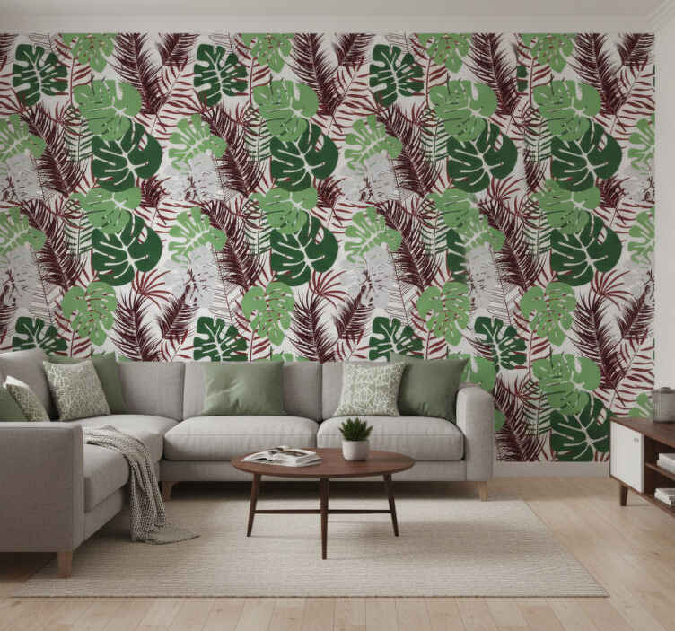 Foto behang jungle monstera bladeren met rode takken - TenStickers