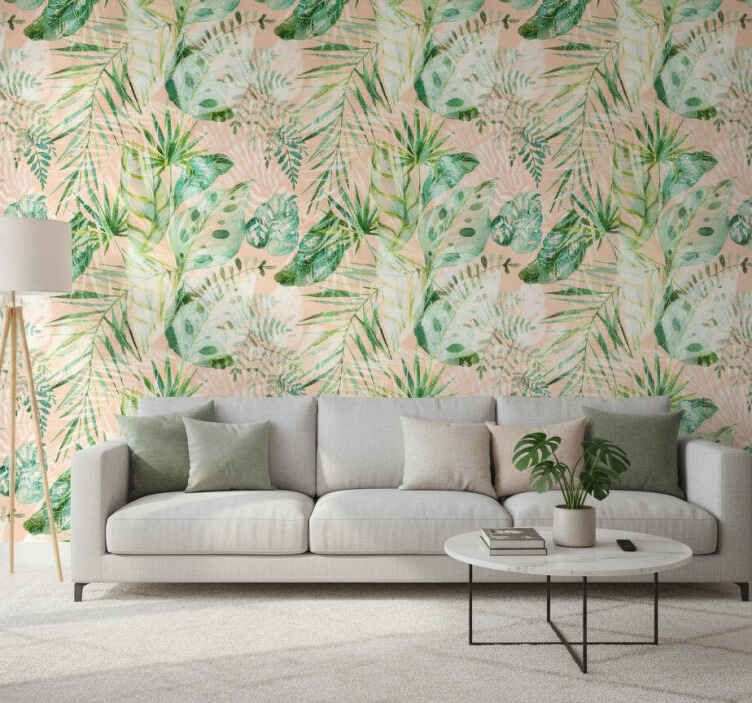 Foto behang jungle roze bloeiende bladeren ontwerp - TenStickers