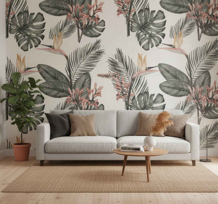 Foto behang jungle tropical charcoal - TenStickers