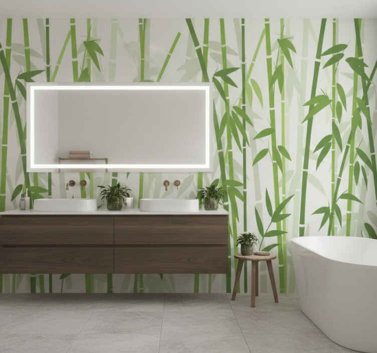 Fotobehang badkamer groene bamboestokken met bladeren - TenStickers