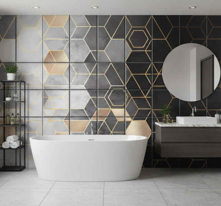 Wall mural bathroom black and grey hexagons - TenStickers