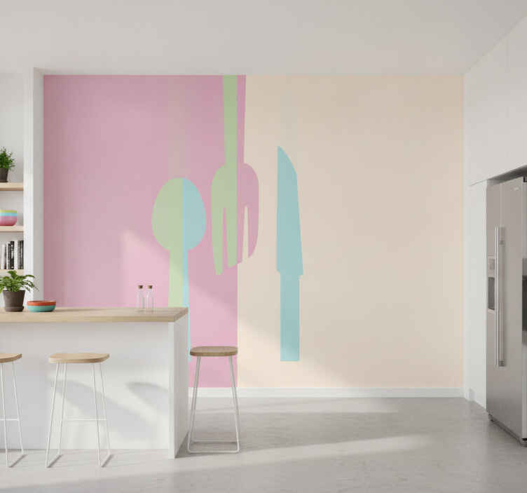 Tapisserie cuisine ustensiles couleurs pastel - TenStickers