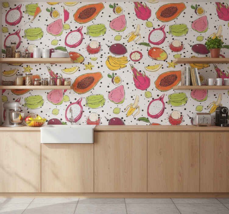 Fotobehang keuken schets kleurrijke exotische vruchten - TenStickers