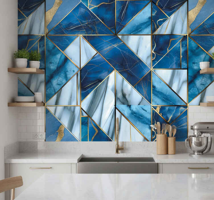 Fotobehang keuken geometrisch blauw marmer en goudeffect - TenStickers
