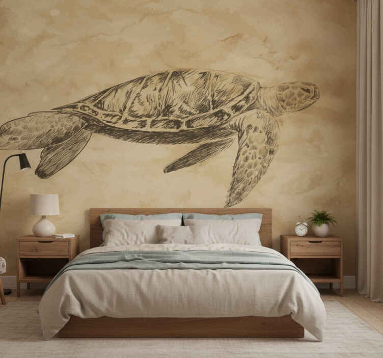 Fototapete beige mit schildkrötenillustration - TenStickers