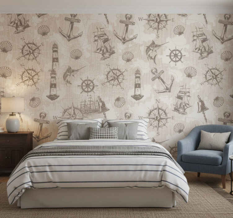 Tapisserie beige motif ancres sur planches en bois - TenStickers
