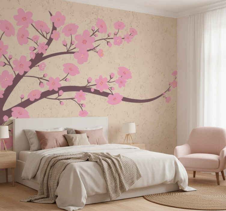 Tapisserie beige fleurs roses sur fond beige - TenStickers