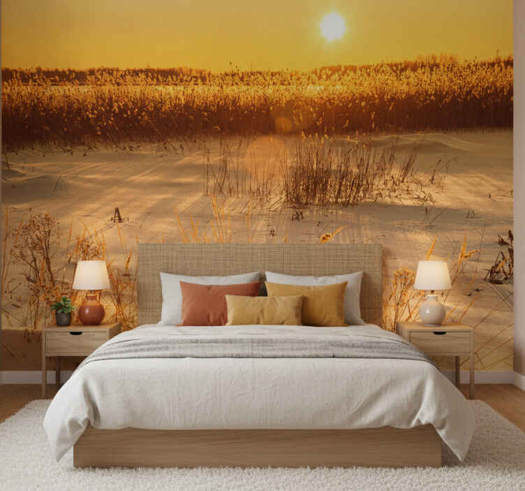 Mural amarillo momento de atardecer con pampas - TenVinilo