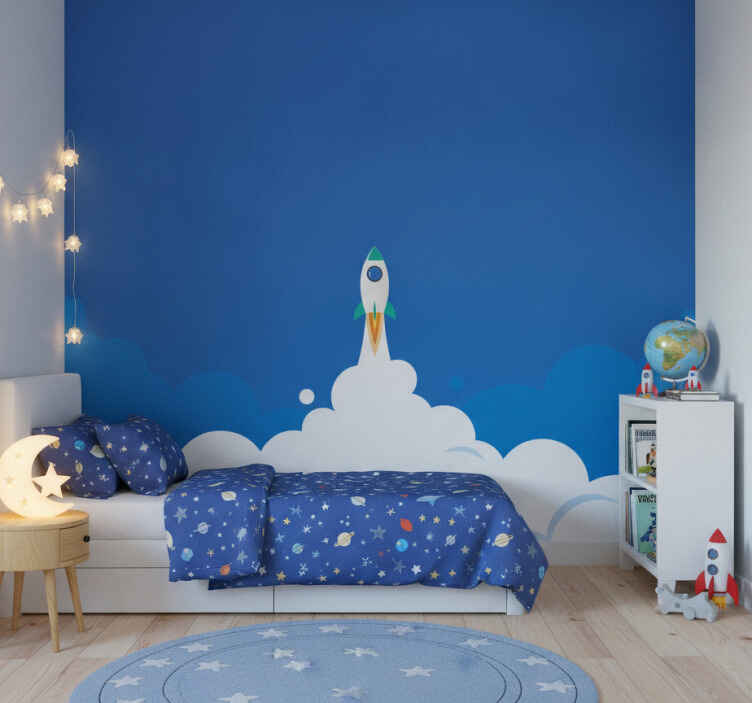 Tapisserie bleu fusée de dessin animé vers l'espace - TenStickers
