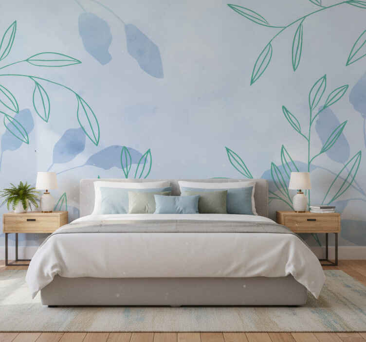 Papel mural azul hojas elegantes en acuarela - TenVinilo