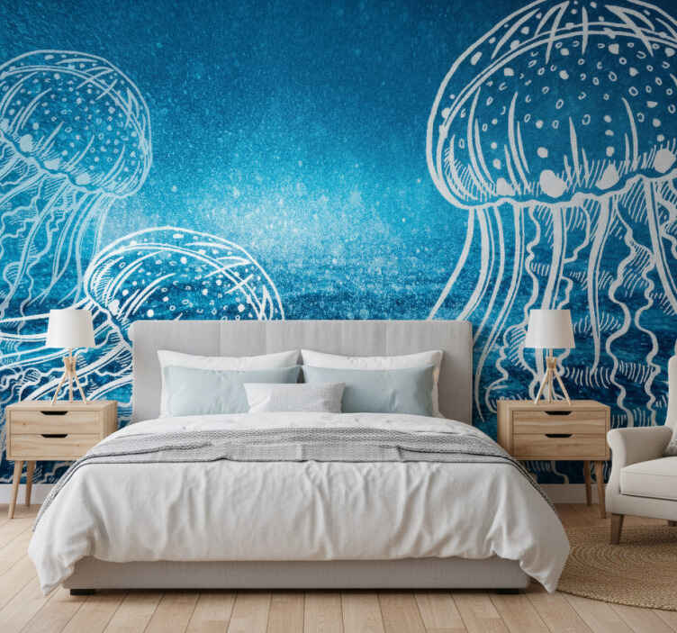 Papel mural azul criaturas marinas medusas - TenVinilo