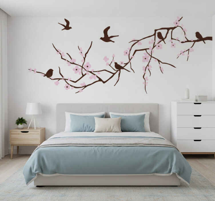 Tapisserie blanc décorative avec cadre horizontal et oiseaux - TenStickers