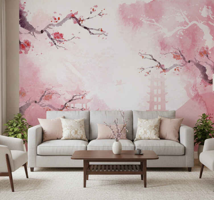 Papel mural rosa panorama de flores de cerezo - TenVinilo