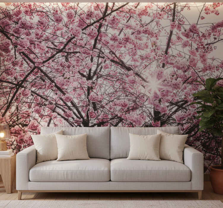 Papel mural rosa Árboles de flor de cerezo - TenVinilo