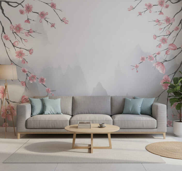 Gray wall mural featuring cherry blossoms and mountains - TenStickers