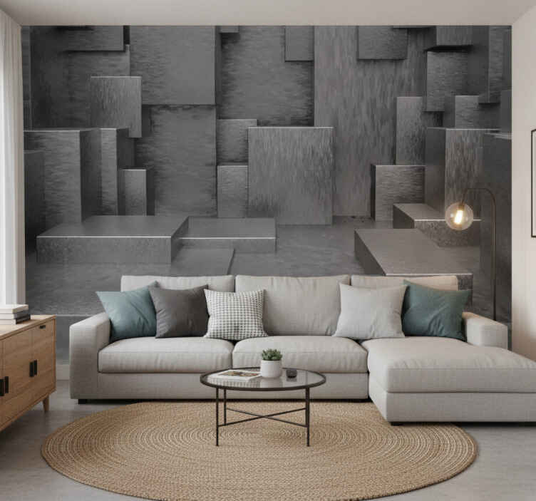 Gray wall mural geometric abstract blocks - TenStickers