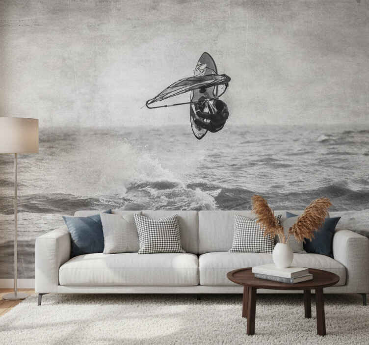 Szara fototapeta windsurfing w czerni i bieli - TenStickers
