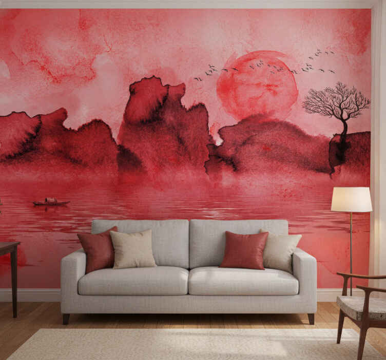 Fotomurale rosso paesaggio in inchiostro cinese - TenStickers