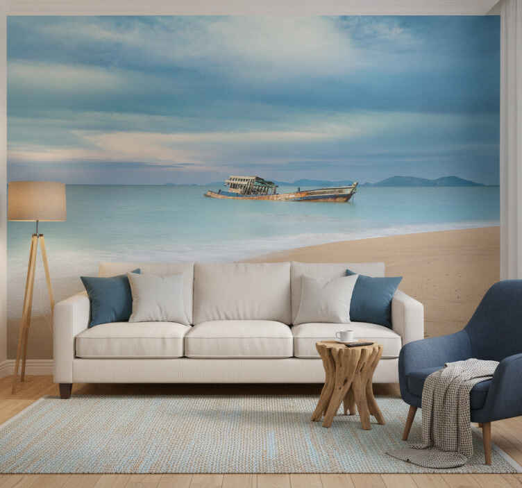 Blue wall mural with boat on the beach - TenStickers