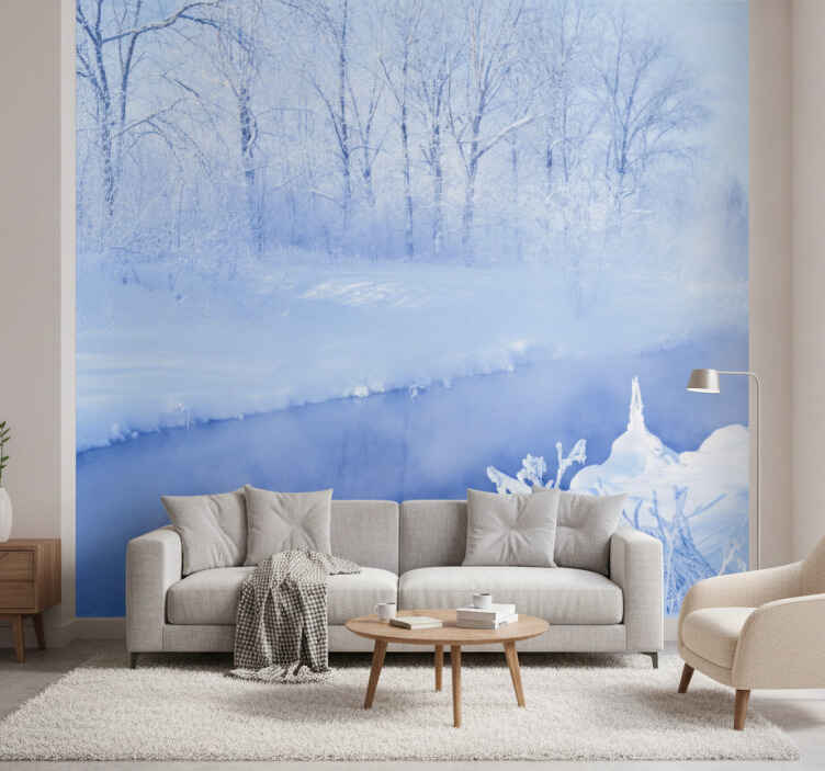 Papel mural azul árboles congelados y río - TenVinilo