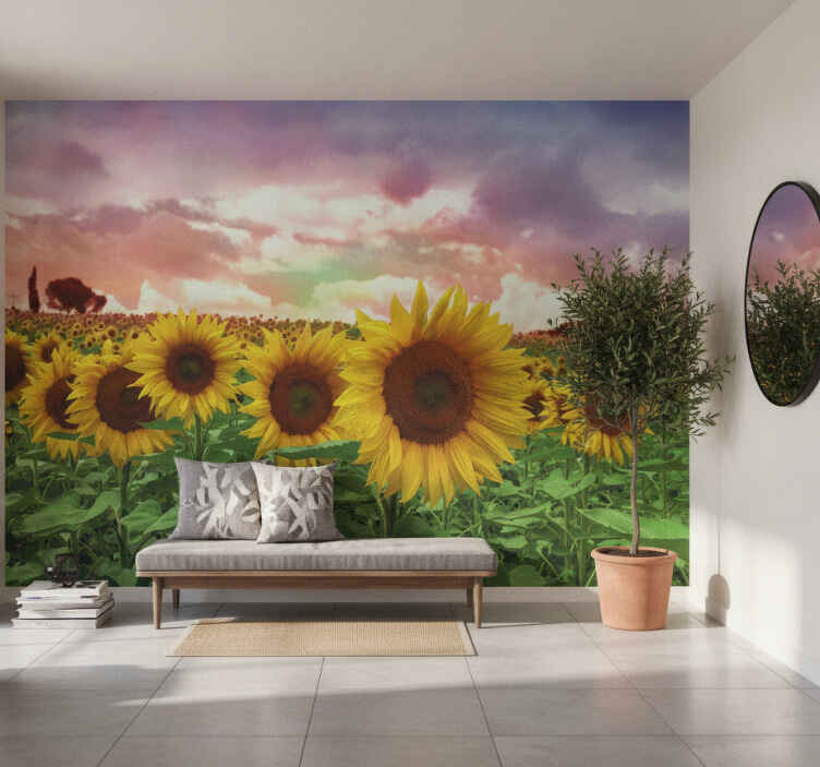 Hallway wall mural sunflower field colorful sky - TenStickers