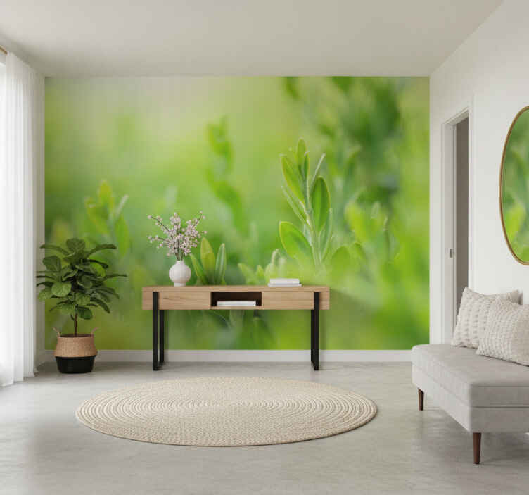Hallway wall mural light green spring leaves - TenStickers