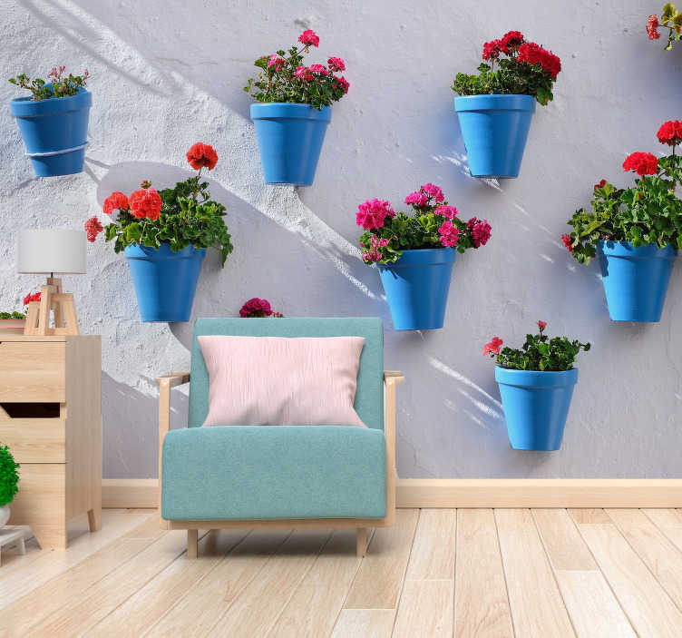 Papier peint mural pots de fleurs bleu
