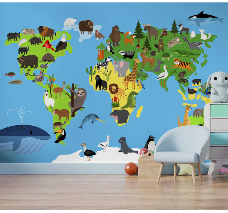 Minimalistic world map animal wall mural - TenStickers