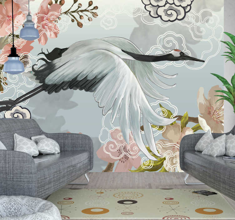 Mural pared de ave volando y flores - TenVinilo