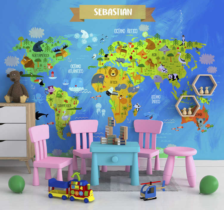 Customizable world map children's wallpaper mural 