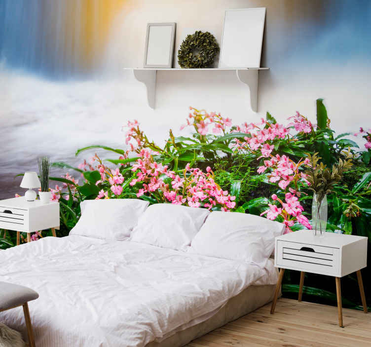 Waterfall with pink flowers Waterfall Mural - TenStickers