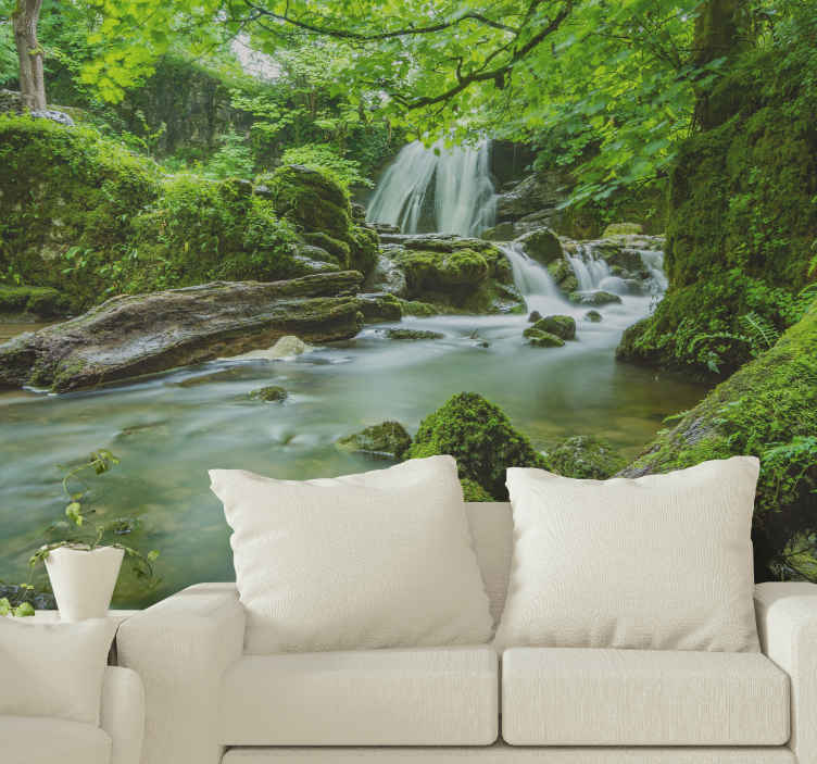 Forest with waterfall and river 3d mural wallpaper - TenStickers