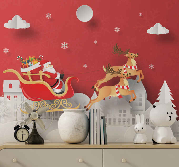 Santa and reindeers Christmas scene winter wonderland wall mural