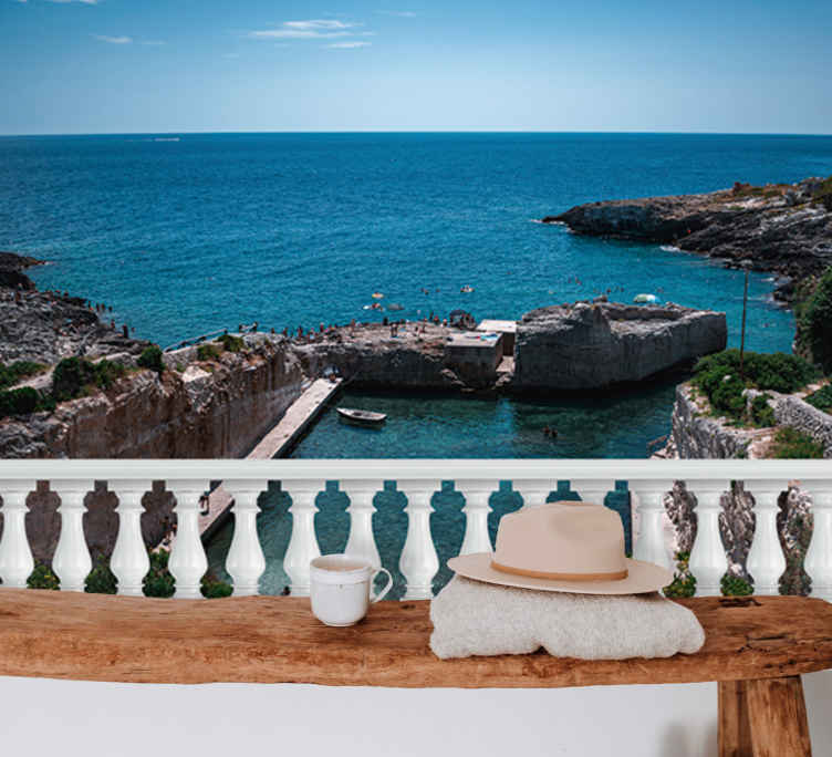 Balcony with ocean living room wall mural - TenStickers