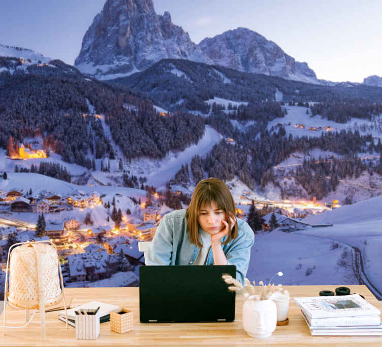 Snowy Mountain Village landscape wall mural - TenStickers