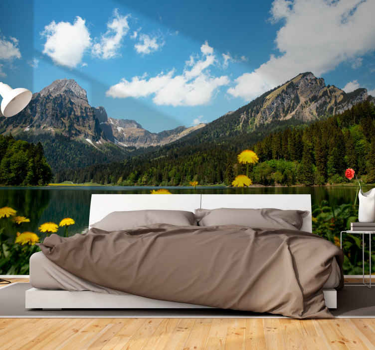 Tapisserie paysage vue lacustre en montagne - TenStickers