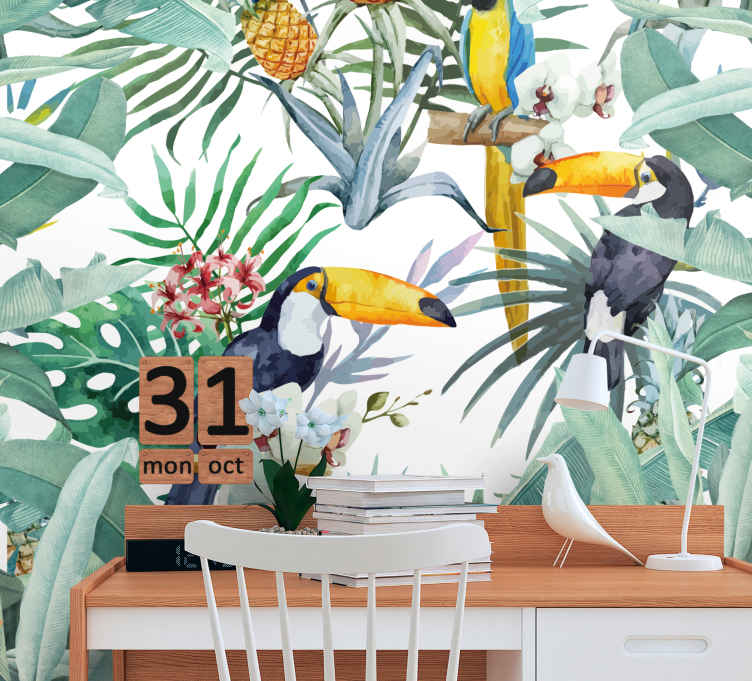 Painted jungle with birds forest mural wallpaper - TenStickers