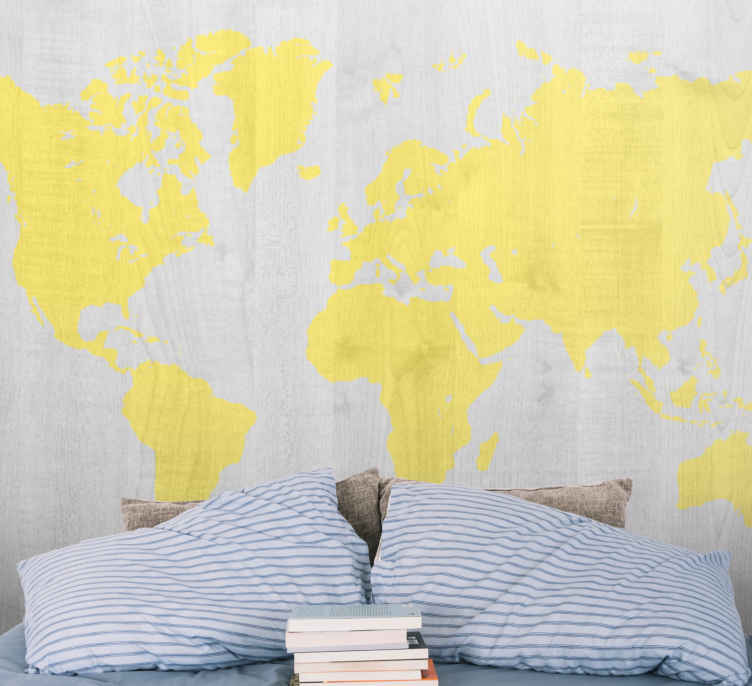 Fotobehang wereldkaart Hout geel - TenStickers